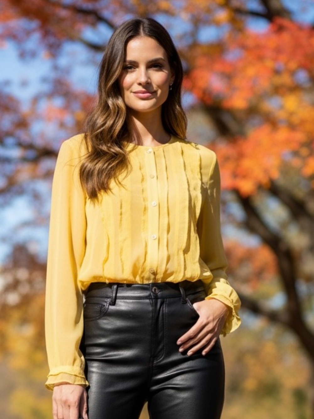 Helios & Luna 100% Silk Yellow Ruffle Bib Button Front Blouse Size 6